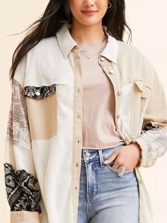 POL Patchwork Down Shirt Jacket - Beige, Cream, Black - Picture 3 of 6